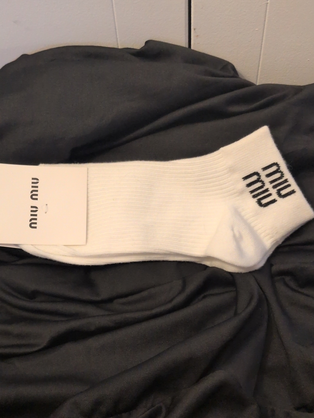 Miu Miu White Crew Socks with Black Logo